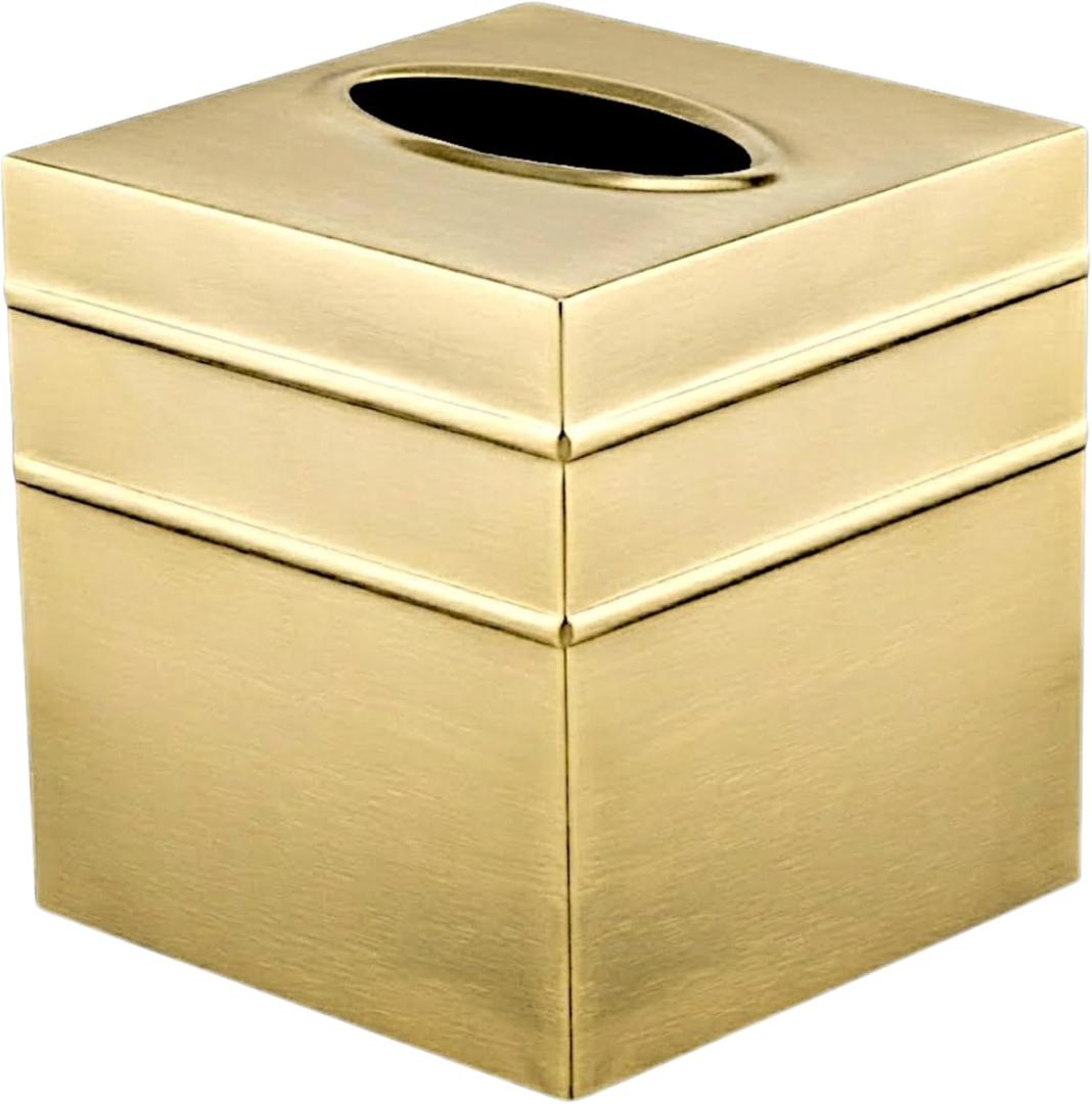 Monarch Abode Tissue Box Cover Square Handcrafted Border Embossed Brushed Gold Metal Tissue Holder Box for Bathroom Accessory, Aesthetic Decorative Facial Napkin Cube for Modern Home Decor, 5"L x 5"W x 5.25"H