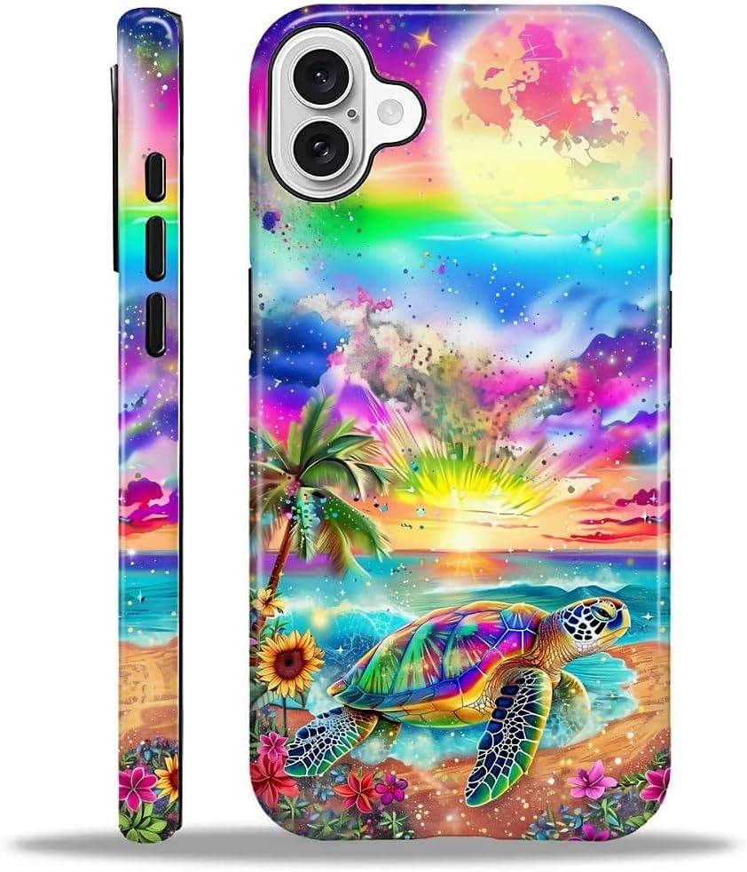 Compatible with iPhone 16 Case - Hybrid Heavy Duty 2 in 1 Full Body Rugged Shockproof Protection Glossy Case for iPhone 16 - Sea Turtle Sunflowers