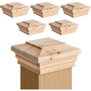Geetery 6 Pcs 4" x 4" Cedar Post Cap Wood Flat Peak Newel Cap for Fence Topper Top Resistant Decking Caps for Outdoor Fences, Mailboxes and Decks