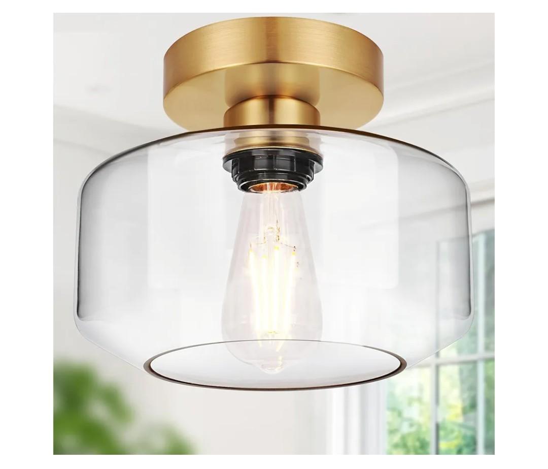 Industrial Semi Flush Mount Ceiling Light Brushed Gold, 800 Lumen LED Bulb Included, Clear Glass Shade Ceiling Light Fixture, Light Fixture for Hallway Bathroom Bedroom, Vintage Hanging Light Fixtures