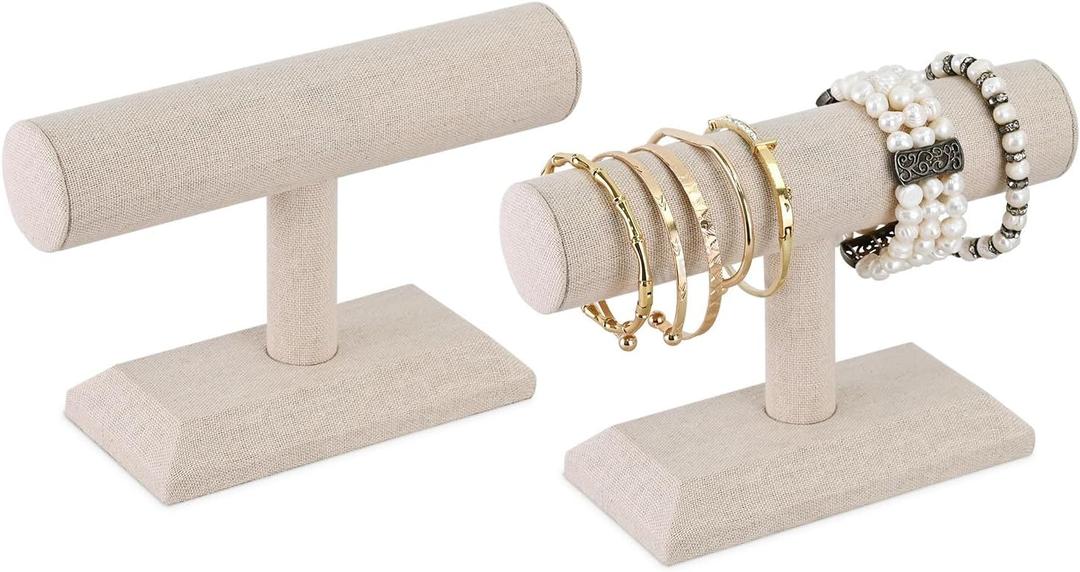 MOOCA 2 Pcs Set Linen Covered Wood Bracelet Holder Stand Jewelry Display Stand Watch Bangle Organizer Display, Nature Linen Color