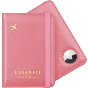 Stouchi AirTag Passport Holder, Cute Passport Holder with Airtag Slot, RFID Passport Wallet Cover for Women, Family Leather Passport Protector Case, Anti-Lost Travel Essentials, Pink