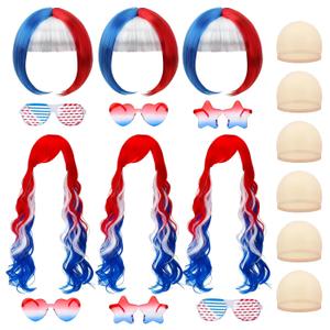 18 Pcs American Flag Wigs Set for Women Red White Blue Wig 4th of July Wigs Short Curly Wavy Wigs Retro 80's USA Glasses for Independence Day Christmas Cosplay Party