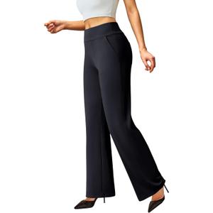 FireSwan Womens Dress Pants Stretchy Wide Leg Work Pants Business Casual Trousers Pull On Office Slacks with 4 Pockets (Large, Black)