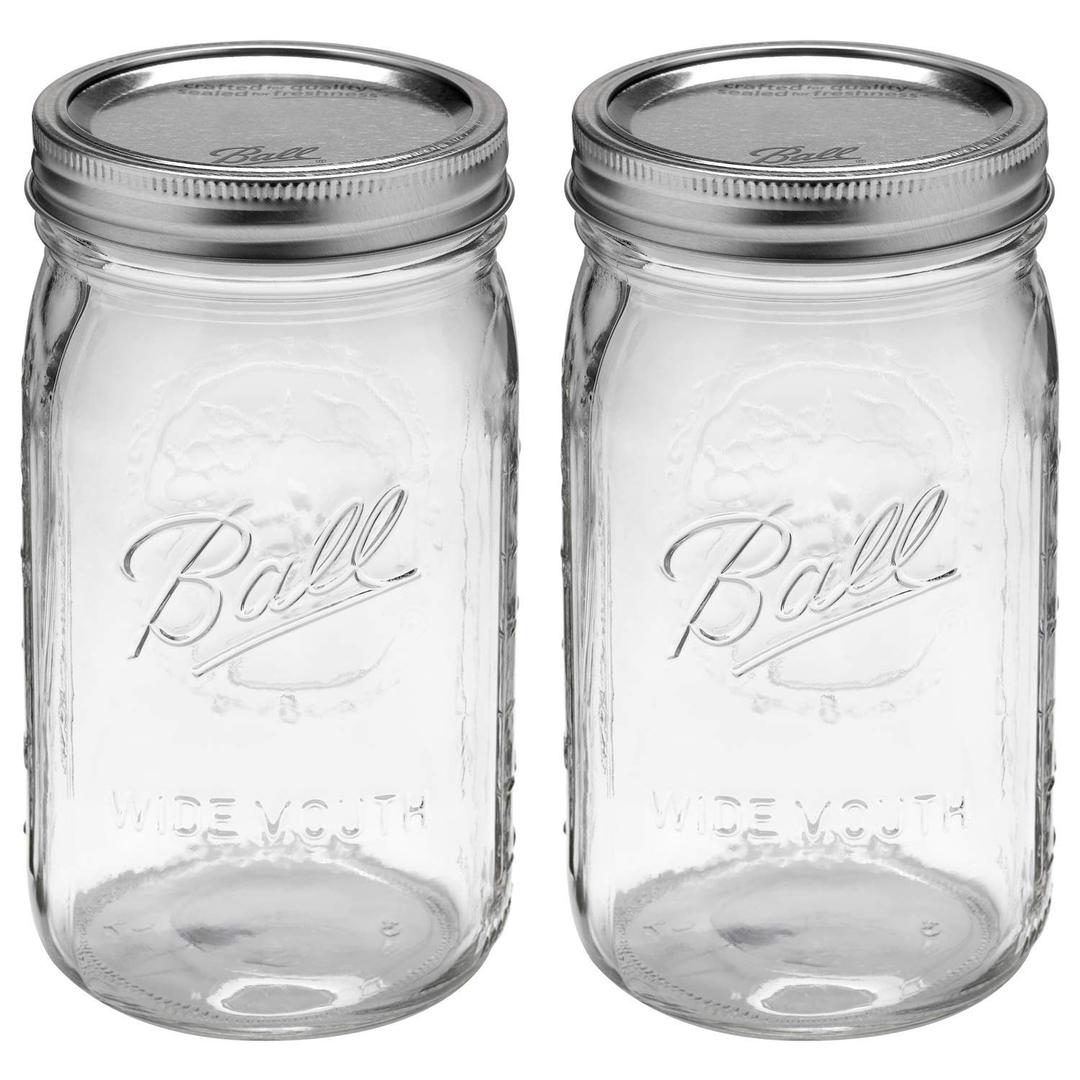 2 x Ball Wide Mouth 32-Ounces Quart Mason Jars with Lids and Bands, (2 Jars)