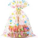 CUDICY Easter Bags 10pcs Large Cellophane Bags 24x30 Inch Cellophane Wrap for Gift Baskets Clear Plastic Wrapping(Spring)