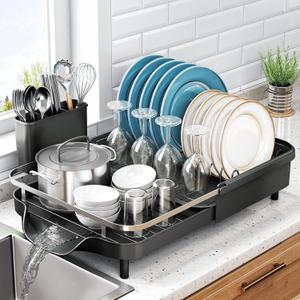Dish Drying Rack, Expandable Dish Rack for Kitchen Counter, Stainless Steel Dish Drainer with Drainboard Set and Utensil Holder (Black) (Black)