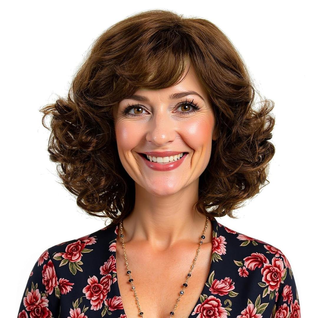 Silver White Short Curly Wigs for Women Heat Resistant Synthetic Hair Water Wave Womens Wigs for Old Lady Mrs Claus Wig (Brown)