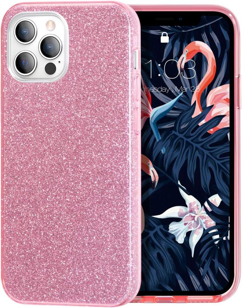 MILPROX Compatibe for iPhone 12 Pro Max Case (2020), Bling Sparkly Glitter Luxury Shiny Spark Gel Shell, Protective 3 Layer Anti-Slick Slim Soft Cover -Pink