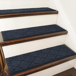 COSY HOMEER Edging Stair Treads Non-Slip Carpet Mat 28inX9in Indoor Stair Runners for Wooden Steps, Edging Stair Rugs for Kids and Dogs, 100% Polyester TPE Backing (4pc, Navy) (4 pieces (289 inches))