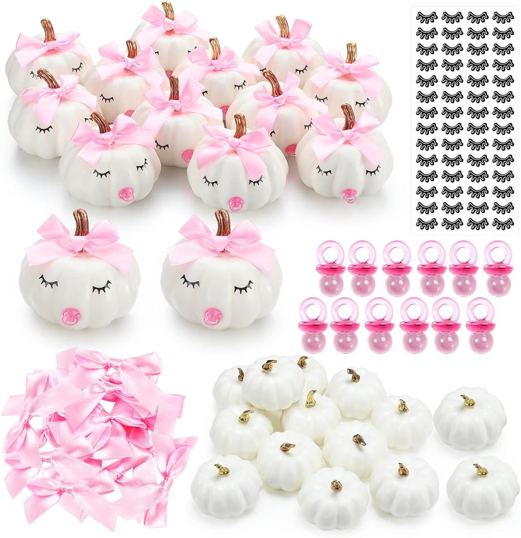Nuanchu 12 Sets Baby Shower Favors DIY Pumpkin Painting Kit for Baby Shower Game 12 Foam Craft Pumpkins, 12 Pink Bows 12 Pink Pacifiers 28 Pairs of Eyelash Sticker for Birthday Table Decor
