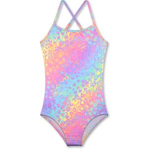 LUOUSE Girls Sparkle Swimsuits Quick Dry Crossback One Piece Beach Swimwear Bathing Suit with Adjustable Strap (5-6 Years, 03 Sparkle Rainbow Leopard)