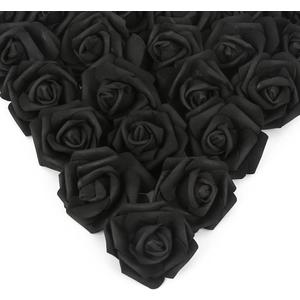 IPOPU Artificial Rose Flower Heads, 100 Pcs Real Looking Black Foam Fake Roses for DIY Wedding Baby Shower Centerpieces Arrangements Party Tables Home Decorations (Black, Stemless)