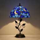 Tiffany Style Table Lamp,Stained Glass Moon Table Lamp,12X12X19 Inch Reading Light, Metal Leaf Base Antique Glass Desk Decor Lamp.
