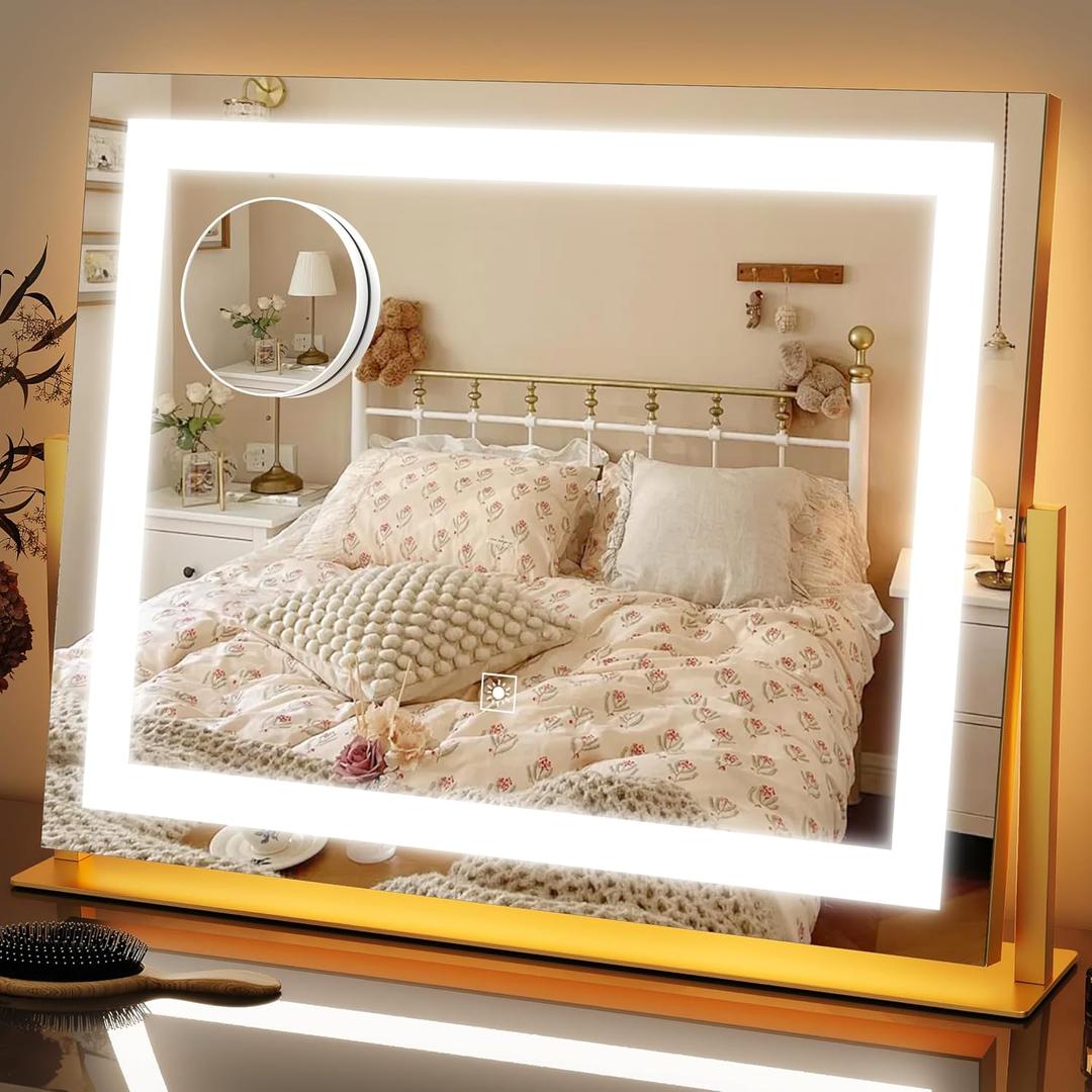 FENNIO Vanity Mirror with Lights 22''x18'' Makeup Mirror with Lights,Lighted Makeup Mirror with 10X Magnification Smart Touch Screen with 3-Color Lighting,DimmableSquare Gold