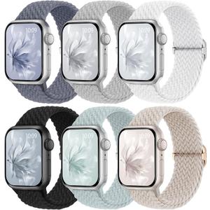 6 Pack Braided Stretchy Bands Compatible with Apple Watch Band 38mm 40mm 41mm 42mm 44mm 45mm 46mm 49mm Women Men, Adjustable Nylon Solo Loop Elastic Straps for iWatch Series 11 10 9 8 7 6 5 4 SE Ultra (Black/White/Starlight/Titan Gray/Blue Gray/Succulent)