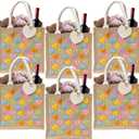 CJiangpo 6 Pack Valentine's Day Burlap Gift Bags, Large Conversation Heart Tote with Handle, Reusable Colorful Candy Linen Jute Bag Goodie Snack Basket and Wood Heart Shape Cutout for Party Favors