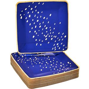 Silver Spoons Deco Collection Blue with Gold Square Disposable Paper Side Plates - 7" (Pack of 18) - Perfect for Weddings, Parties & Special Occasion