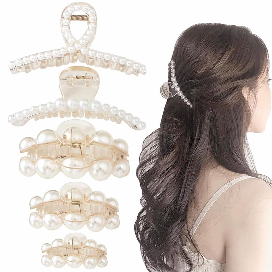 SHEHARUHI 5 PCS Large Pearl Hair Claw Clips for Women Girls, Hair Barrette Clamps for Thick Thin Hair, Fashion Hair Accessories Headwear Styling Tools for Party Wedding