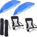 Huwena 2 Pack Beach Chairs with Umbrella for Adults, Low Folding Chair Set, Adjustable Detachable Umbrella, Lightweight Portable with Cup Holder & Carry Bag, for Beach Camping Travel(Black)