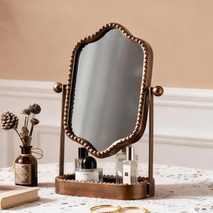 Vintage Makeup Mirror with Tray, 360 Rotatable Antique Table Vanity Mirror with Stand, Metal Retro Desktop Dressing Mirror for Home Decor, Countertop, Bedroom, Bathroom, Living Room