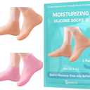 Reusable Silicone Socks for Dry Cracked Feet & Heels - Moisturizing Socks for Women and Men Fits Sizes US5-12 - Lotion Rubber Socks for Overnight Repair & Spa Treatment (Beige & Pink)