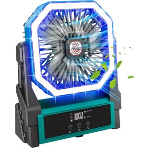 Roykaw Portable Fan Rechargeable 20000 mAh Battery Powered, Cordless Camping Fan w/Ultra-bright LED Lights & Display, 36+ Hrs Work, w/Hang Hook, Handle for Travel, Fishing, GolfingLake Blue