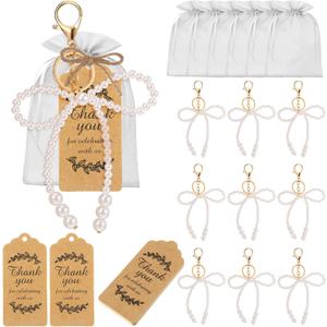 20 Set White Pearl Bow Keychain Party Favor Bulk Steel Bowknot Keyring Charm Accessories Souvenir Present Kraft Tag Organza Bag for Guest Baptism Bridal Shower Valentine Wedding Gift