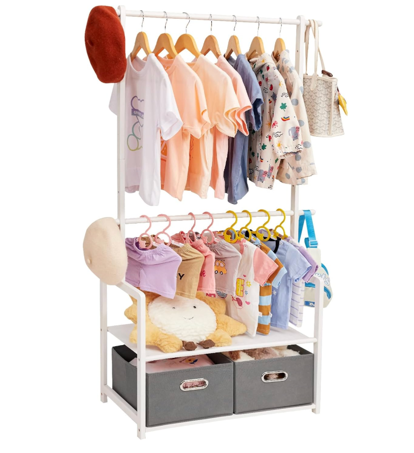 Kids Clothing Rack Bamboo with 2 Storage Baskets and 2 Adjustable Hanging Rods,Child Garment Holder with Shelf, Dress up Stand for Playroom,Toddlers Bedroom (White)