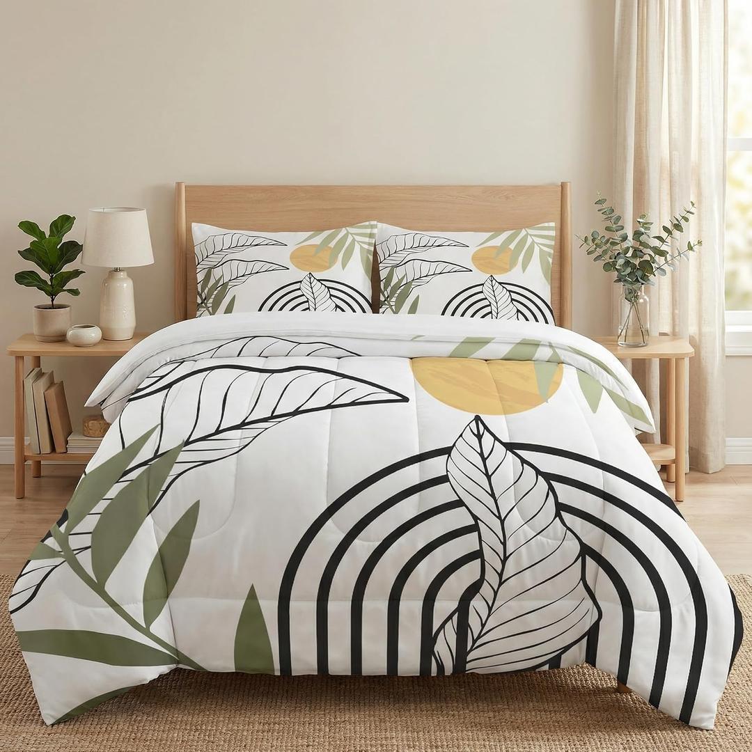 WeCozy Queen Size Comforter Set with 2 Pillowcases, Mid Century Leaf 3 Pcs Bedding for Kids and Adults, Summer Green Geometric Soft Comforter Set for Bedroom Bed Decor