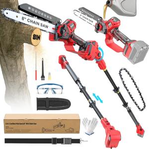 Ecarke 2-in-1 Electric Pole Saw Compatible with Milwaukee 18V Battery, 8 Inch Mini Chainsaw Brushless Tree Trimmer with Extension Pole, 16FT Max Total Reach, Tree Saw for Trimming Pruning (Tool Only) (Long, Deep Red)