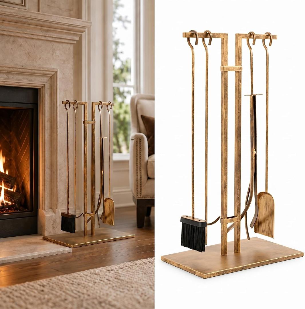 Didaey 5-Piece Fireplace Tools Set with Stand, Brushed Gold Finish