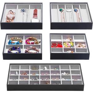 Magic Stackable Jewelry Trays Closet Dresser Drawer Organizer for Accessories, Gadgets & Cosmetics, Storage Display Showcase Holder Box, Set of 5 (Standard, R1s4 G1 (5 in 1) - Black)
