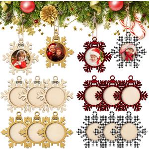 12 pcs Christmas Photo Frame Ornaments Wooden Snowflake Picture Hanging Christmas Tree Decoration DIY Xmas Buffalo Plaid Photo Frame Keepsakes for Xmas Party Anniversary Decorations Winter