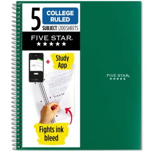 Five Star Spiral Notebook + Study App, 5 Subject, College Ruled Paper, 8-1/2" x 11", 200 Sheets, Fights Ink Bleed, Water Resistant Cover, Forest Green (72079)