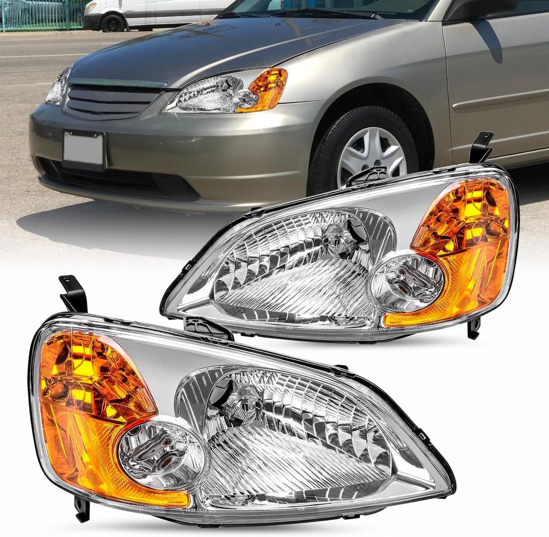 JSBOYAT Headlight Assembly Pair for 2001 2002 2003 Honda Civic 2/4 Door Headlamp Replacement (Chrome Housing & Amber Reflector)