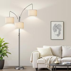 Nintiue Dimmable Floor Lamp - 3 Lights Brushed Nickel Arc Floor Lamps for Living Room,1000LM Modern Tall Standing Lamp with White Shades,Mid Century Tree Floor Lamp for Bedroom,3 LED Bulbs Included