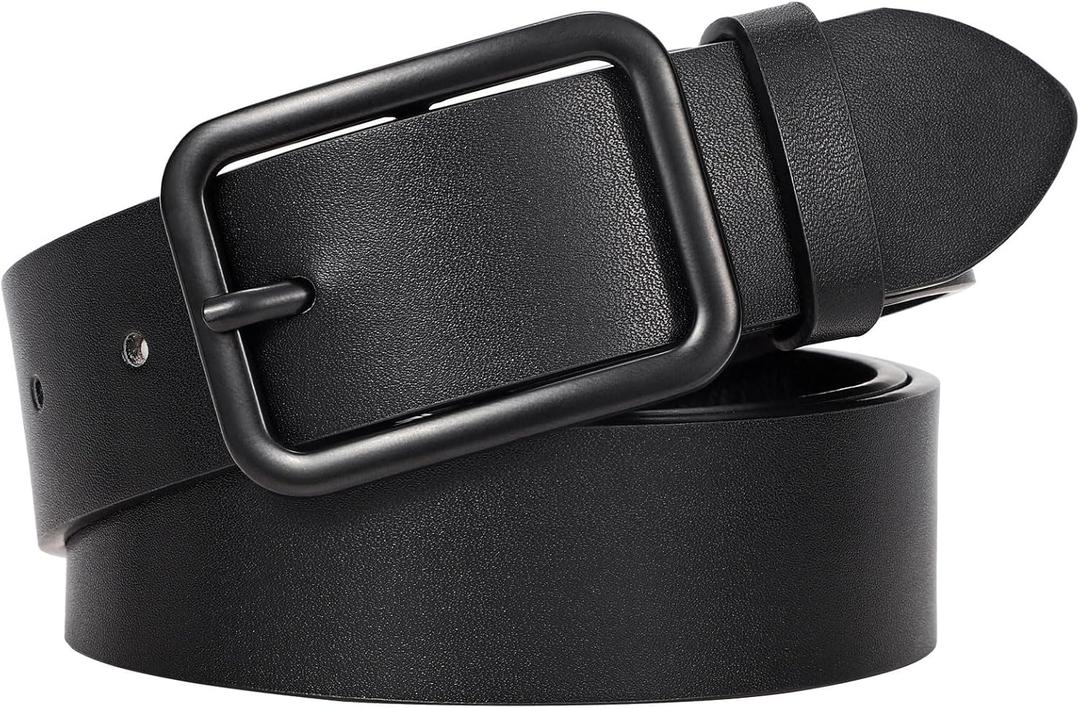 WERFORU Women Classic Black Leather Belt With Square Silver Buckle For Jeans Pants,1.3" width