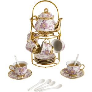 20-Count Purple European Ceramic Tea Set - Elegant Gold-Plated Coffee Cup & Saucer Collection for 6 People, Vintage Style Porcelain Tea Service for Afternoon Tea, Parties & Home Use
