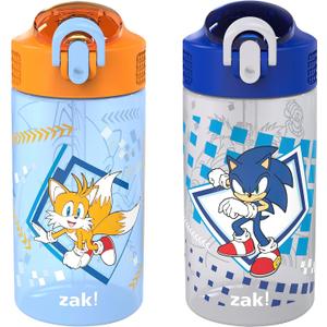 Zak Designs Sonic Kids' 2-Pack Leak-Proof Water Bottles With Straw, Handle and Pop-Up Spout Cover (Sonic the Hedgehog)