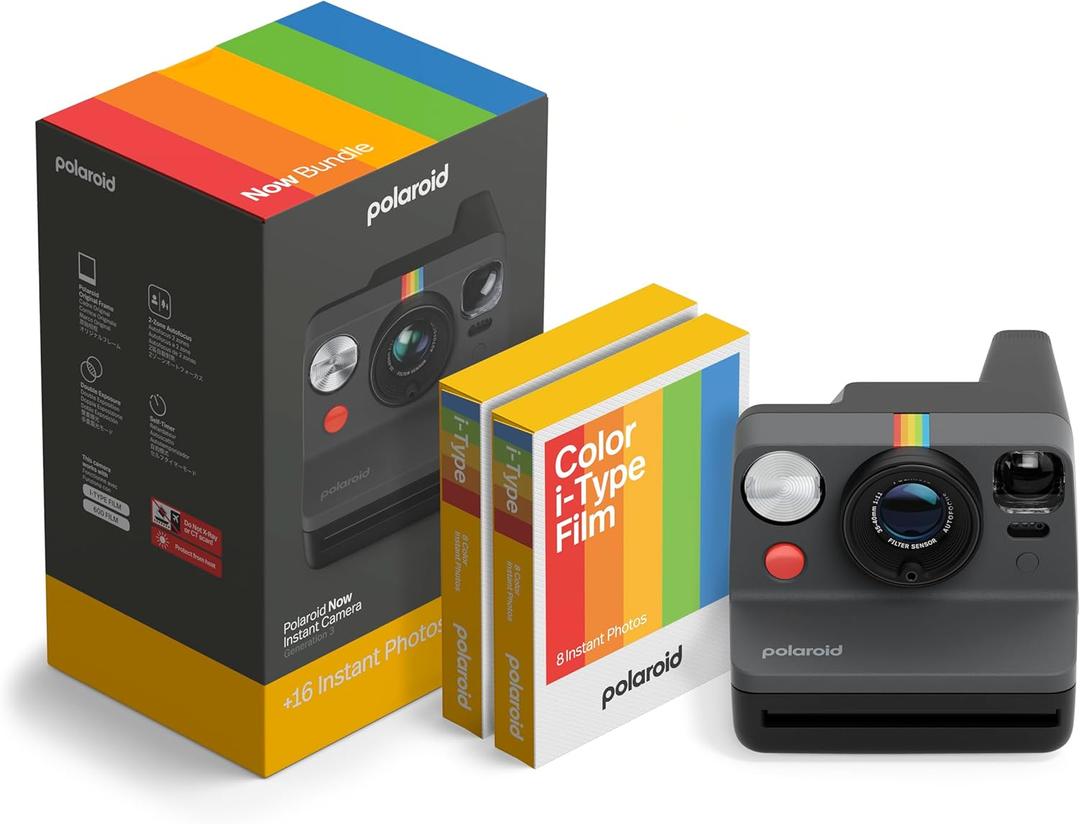 Polaroid Now 3rd Generation I-Type Instant Camera + Film Bundle - Now Black Camera + 16 Color Photos (6560)