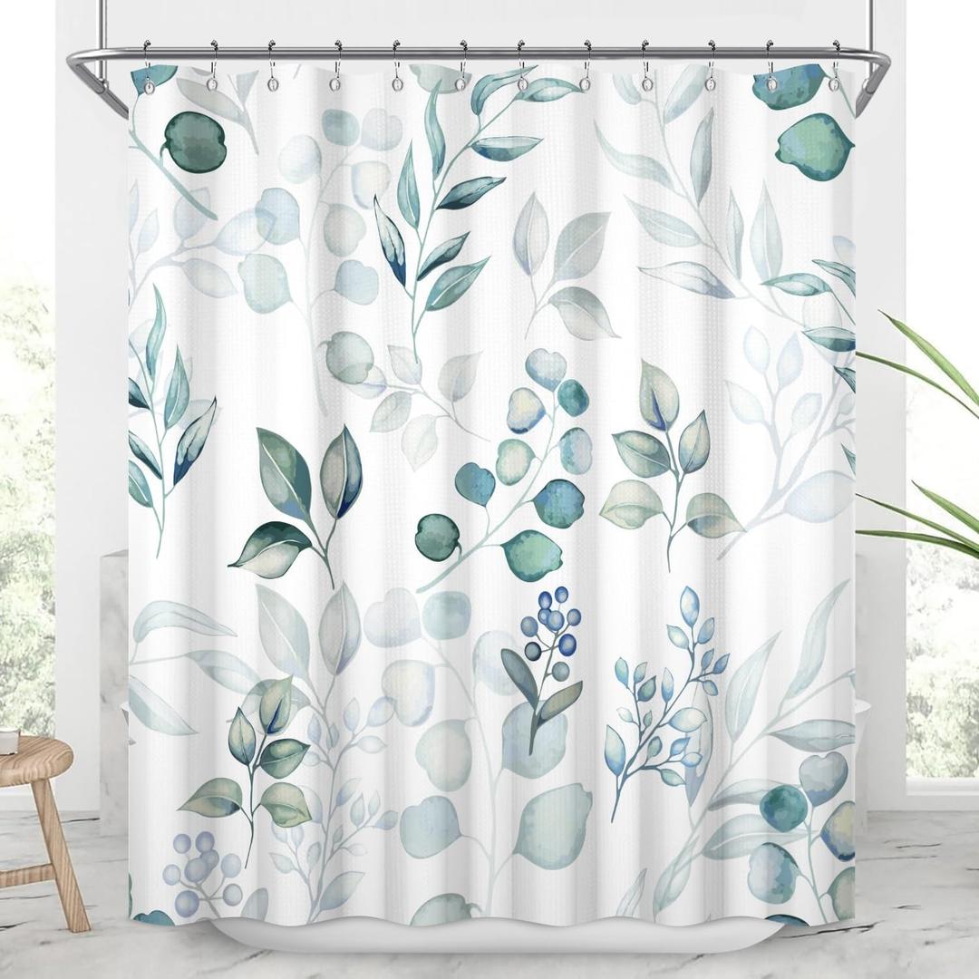Leaves Shower Curtain, Blue Green Waffle Shower Curtains 72x72inches Watercolor Eucalyptus Leaves Waterproof Fabric Shower Curtain Set with Hooks