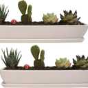 11.1 inch Long Rectangle White Ceramic Succulent Planter Pots with Ceramic Saucers/Mini Flower Plant Containers wPlant Window Boxes for Office/Home, (2 pcs Rectangle Pot)