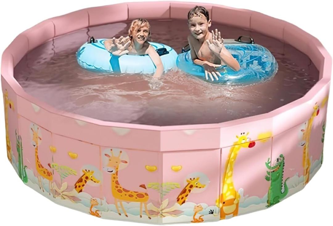 Folding Non Inflatable Swimming Pool, Home Swimming Pool, Mesh PVC Material, Suitable for Backyard Swimming Pool (Pink, 35inch)