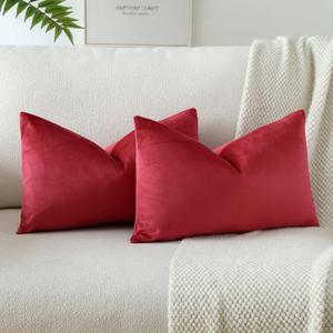 OTOSTAR Velvet Soft Solid Decorative Throw Pillow Covers 12 x 20 Inch Pillow Covers Lumbar Cushion Case Couch Pillowcases for Sofa Bed Home Decor Pack of 2 (Red)