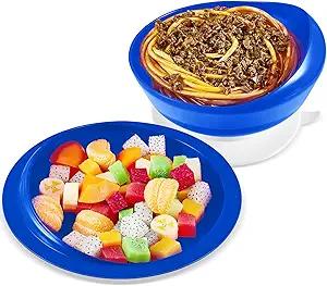 Hushee Adaptive Spill Proof Scoop Bowl and Plate Set with Suction Base Non Skid Self Feed Dinnerware for Elderly Disabled Handicapped from Parkinsons, Dementia, Stroke, Tremor(1 Set,Blue)