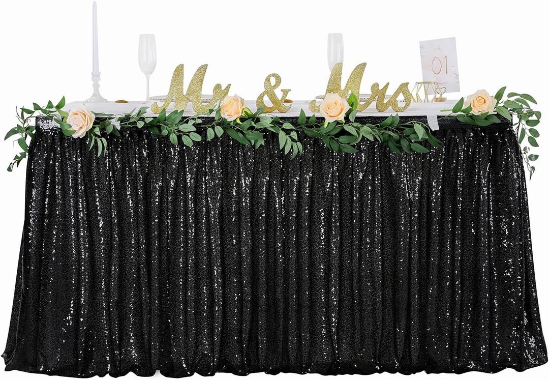 6ft Black Table Skirt for Round Rectangle Square Table Sequin tablecloth for Birthday Party Family Baby Shower