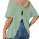 Women's Plus Size Cut Out Criss Cross Back Tee Open Back Short Sleeve Crew Neck Athletic Workout Tops (Green)
