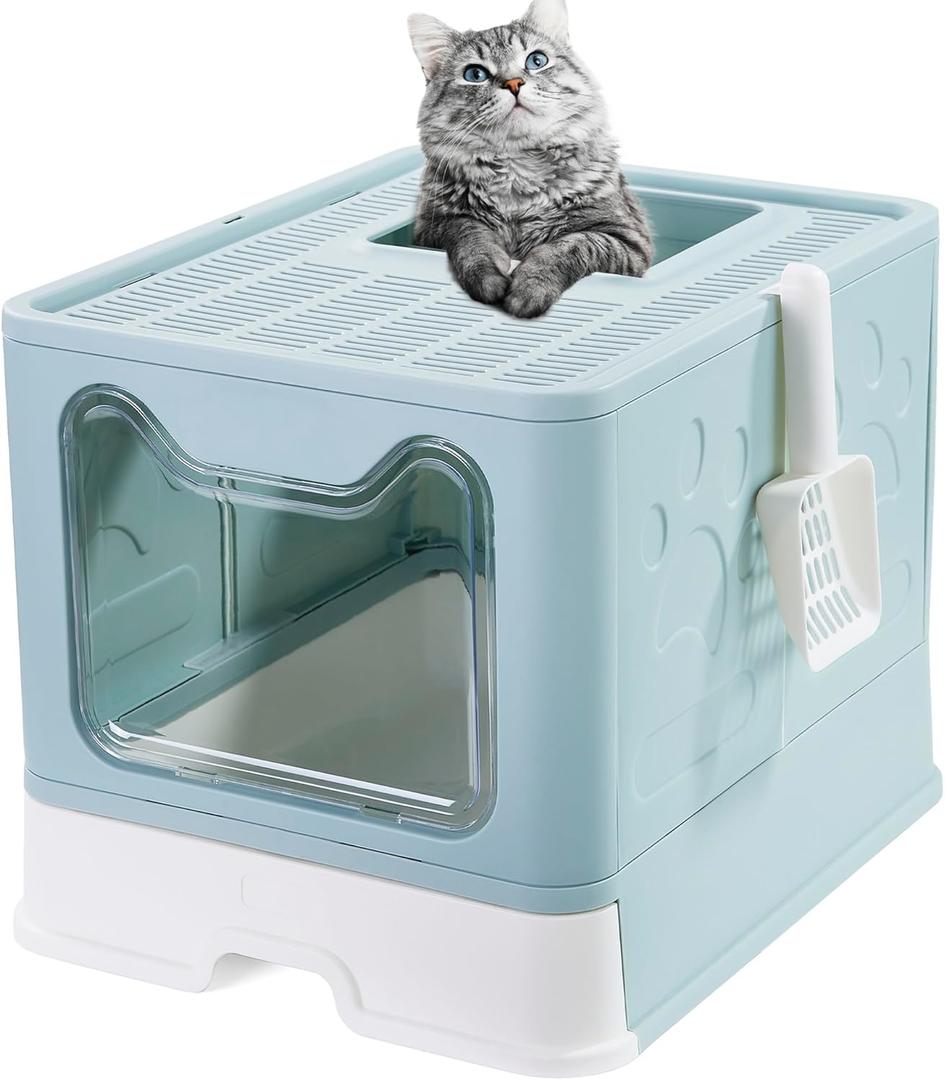 Gefryco Large Litter Box with Cover and Top Sifting lid for Medium and Big Cats, High-Sided Cat Litter Pan with Scoop, Enclosed Cat Box with Drawer, Front Entry Top Exit Kitten Litter Box, (Blue）