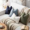 Decorative Neutral Linen Throw Pillow Covers 18x18 Inch Set of 2, Navy Blue Boho Farmhouse Pillow Covers with Braid Fringe for Sofa Bed Modern Couch Pillow Cases for Organic Home Decor